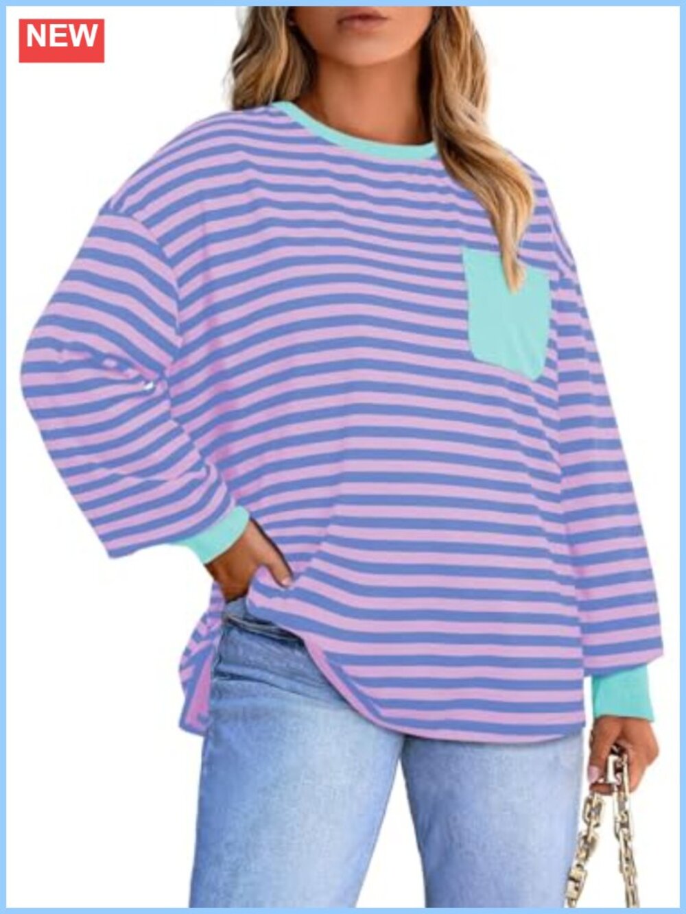 Plus Size Striped Crewneck Long Sleeve Cotton Tee Shirt with Pockets